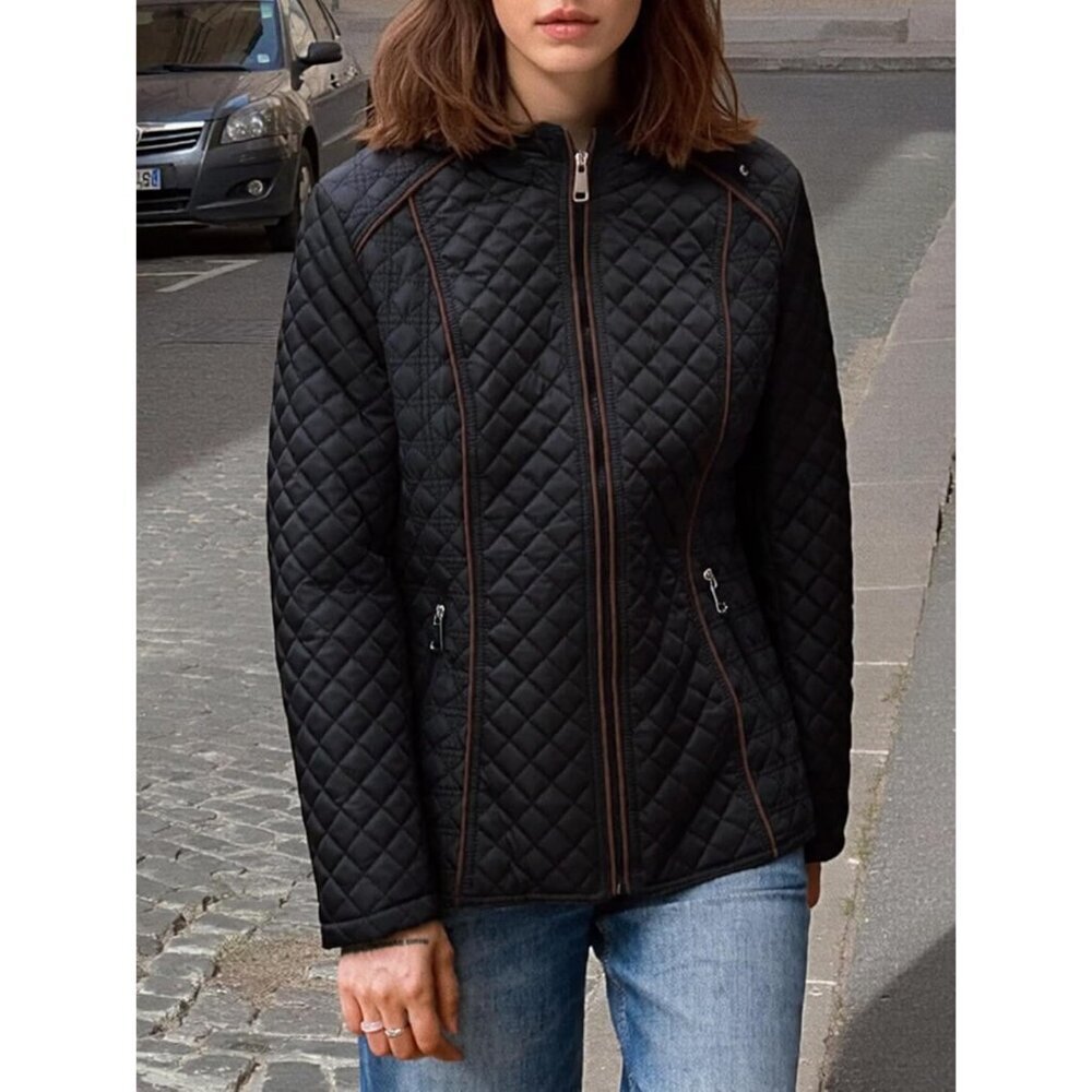 Women Black Hood Quilted Puffer Jacket Long Sleeve Short Coat Zip Up Pockets - Picture 2 of 6